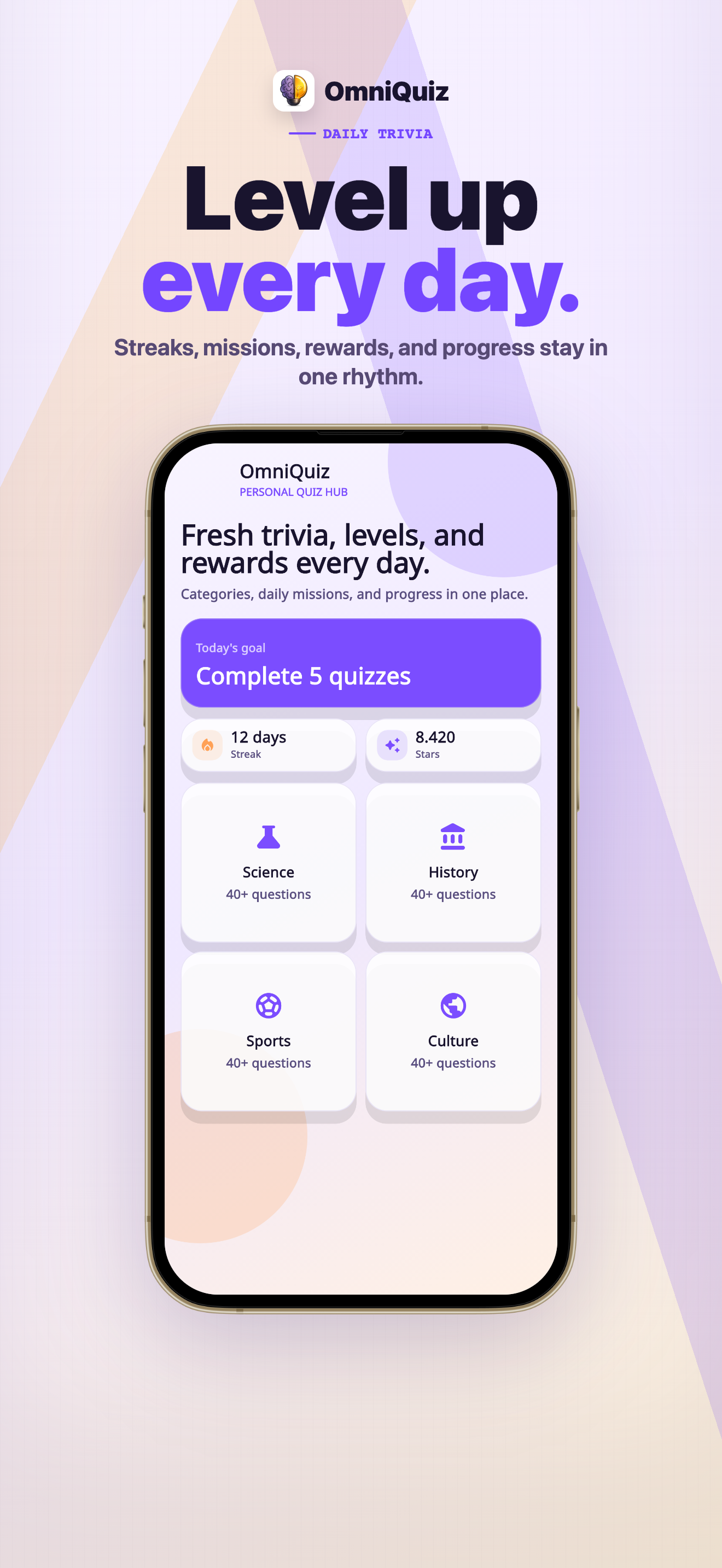 OmniQuiz home app store creative with missions and quiz entry points